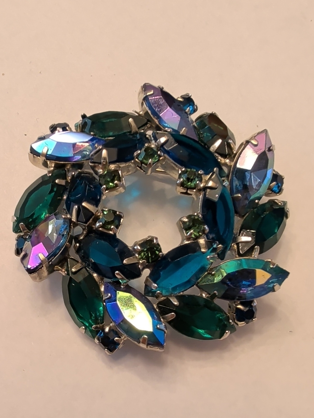 Vintage Teal, Blue & Iridescent Rhinestone Wreath Brooch